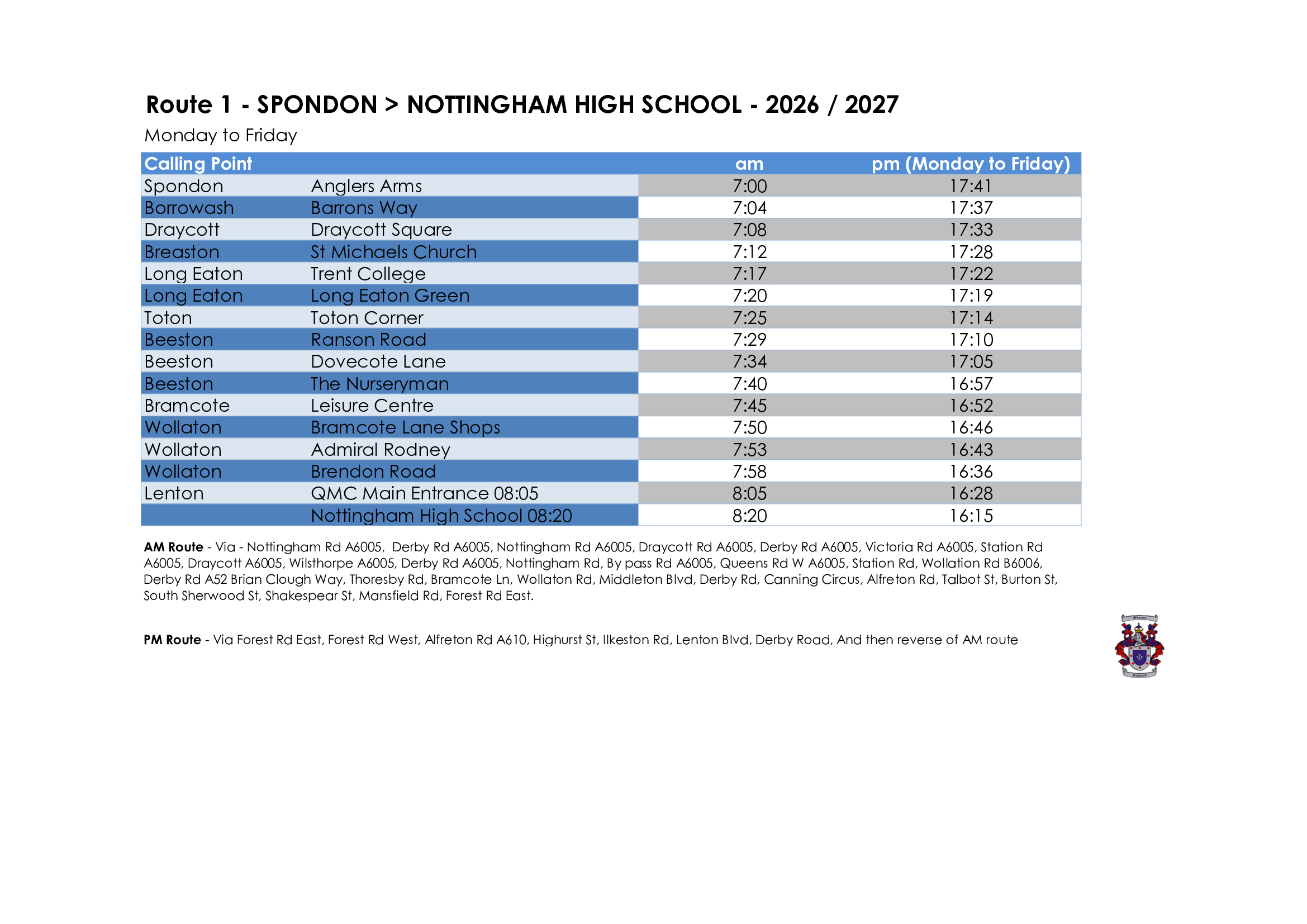Sharpes of Nottingham timetable for Nottingham High School Route 1