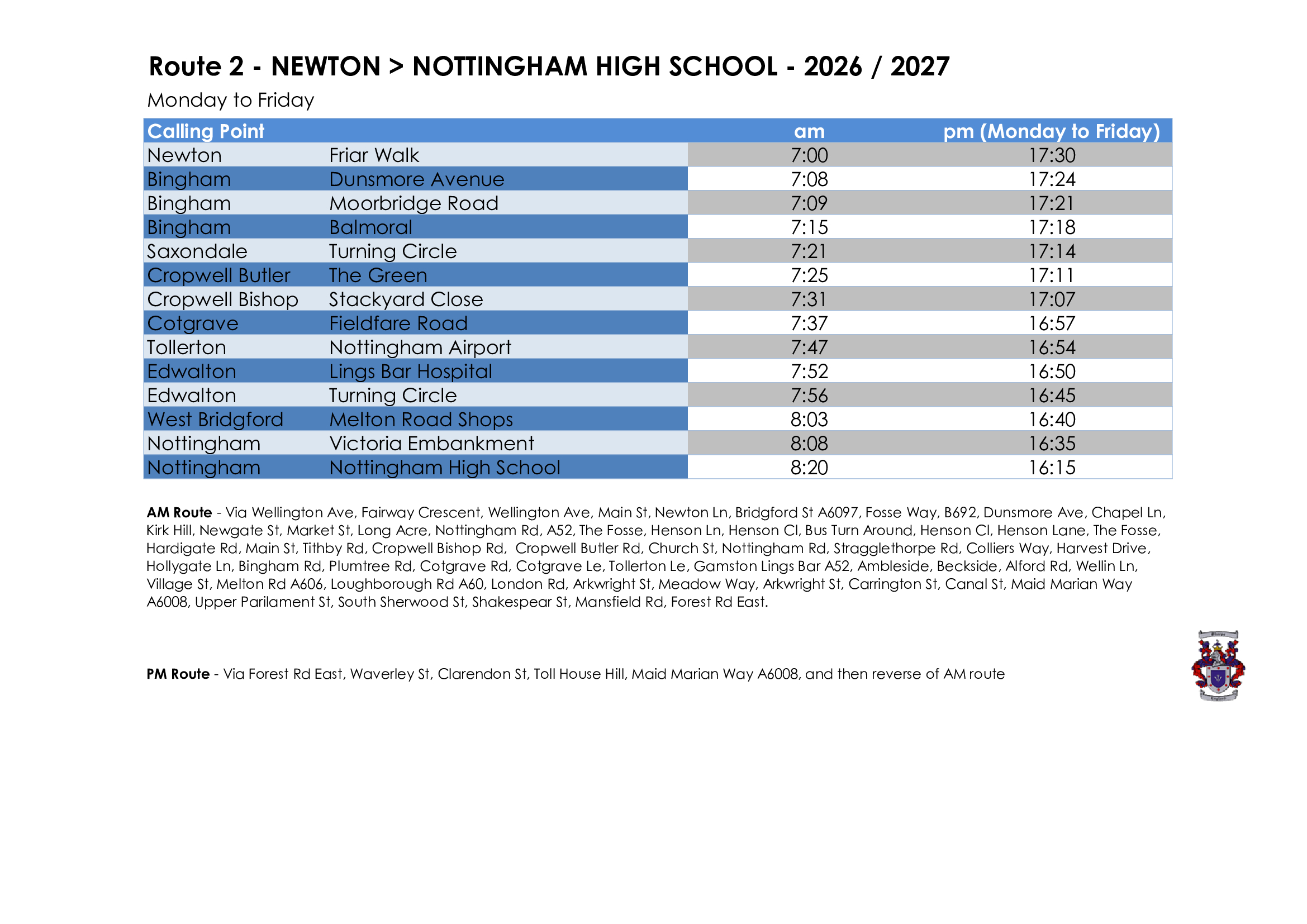 Sharpes of Nottingham timetable for Nottingham High School Route 2