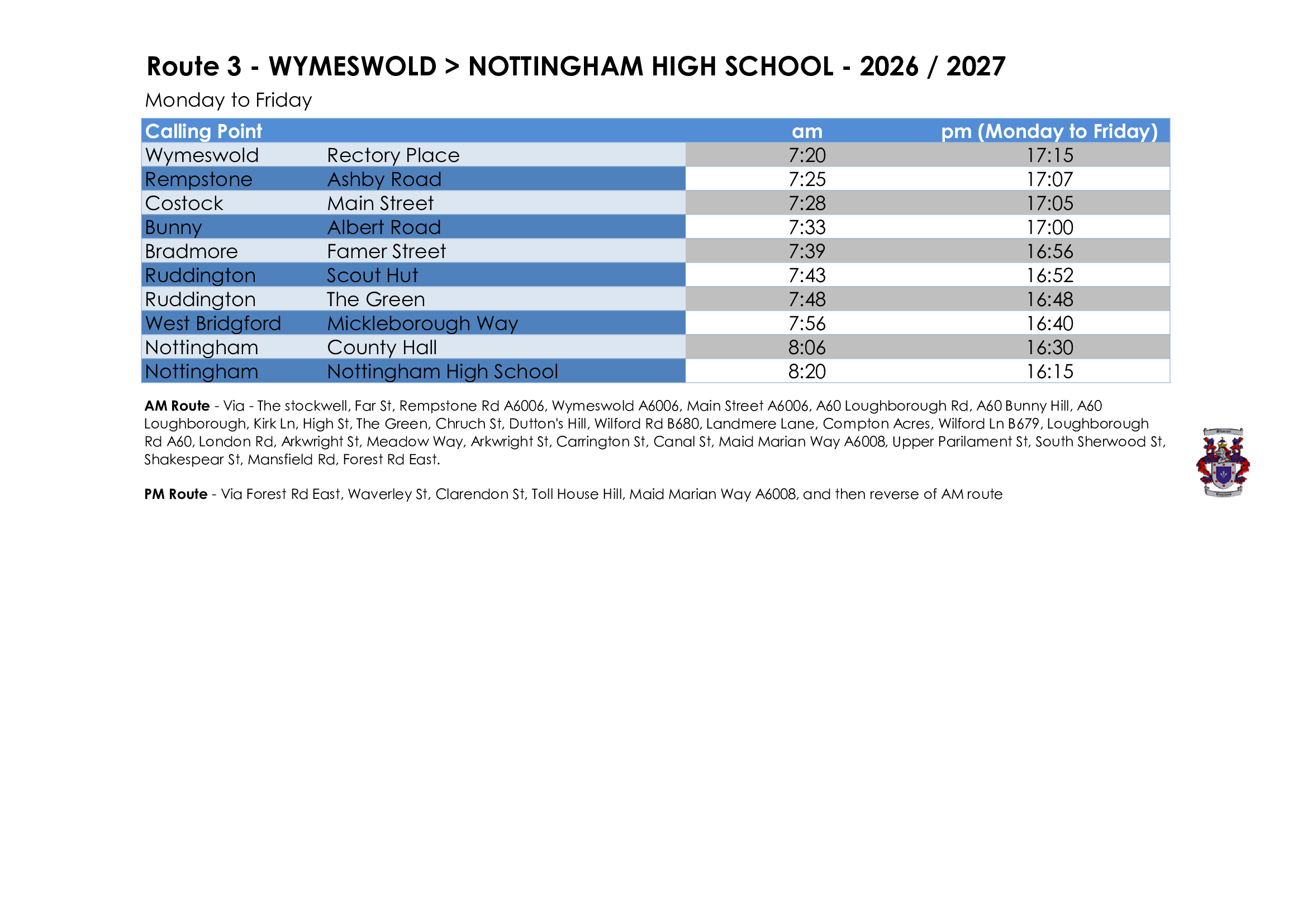Sharpes of Nottingham timetable for Nottingham High School Route 3