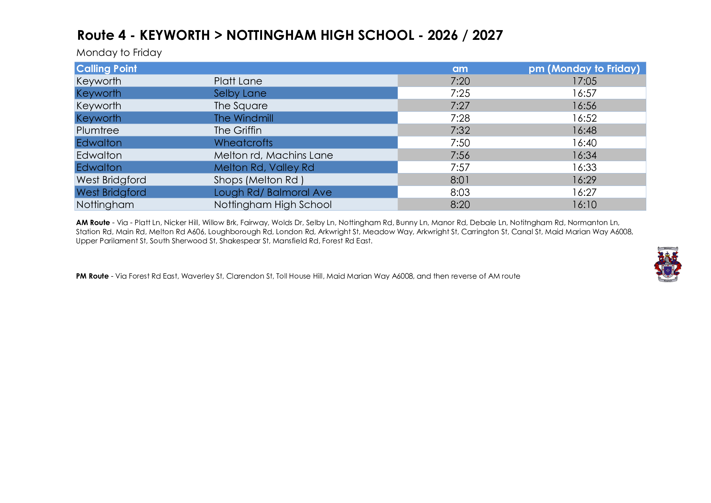Sharpes of Nottingham timetable for Nottingham High School Route 4