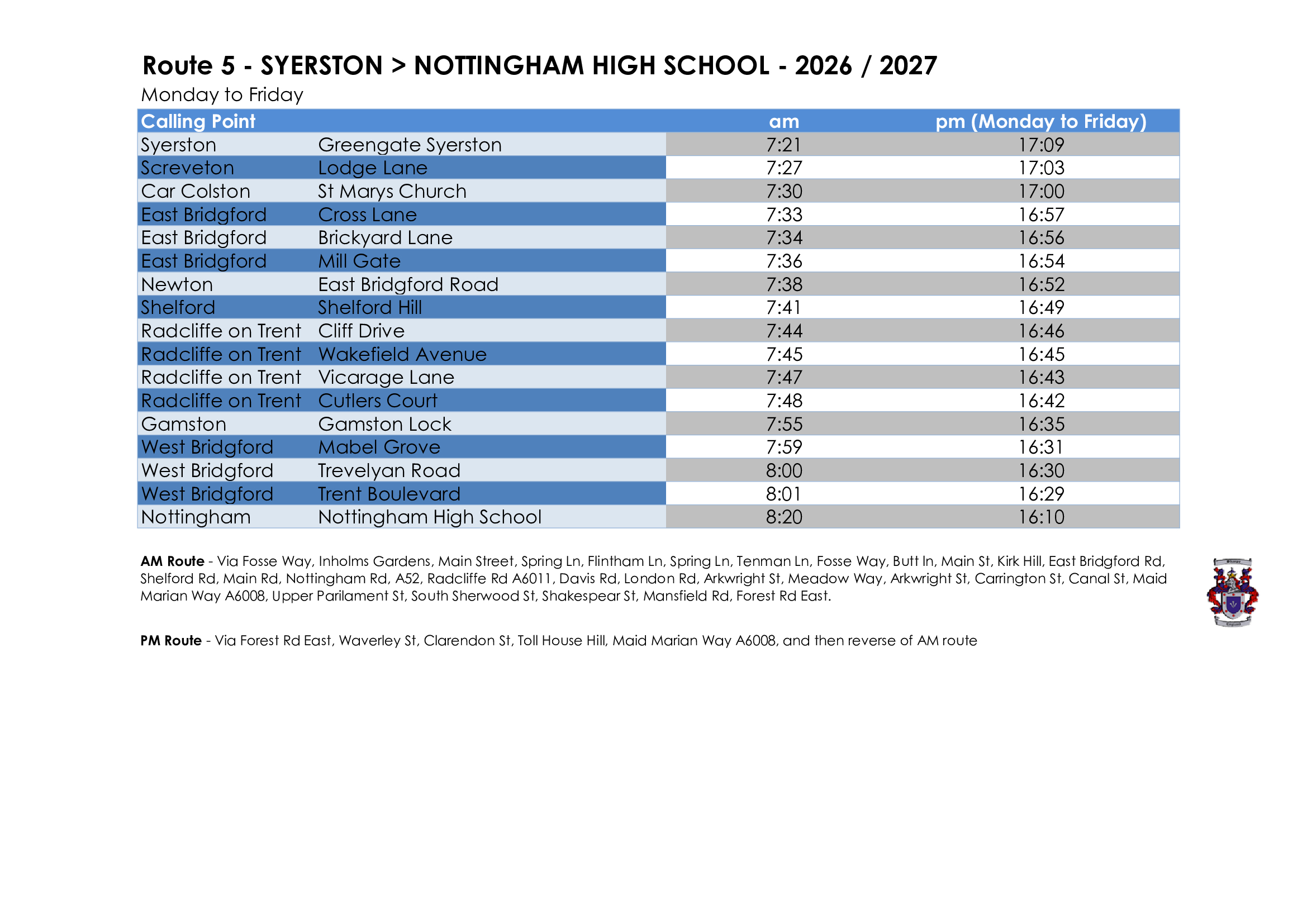 Sharpes of Nottingham timetable for Nottingham High School Route 5