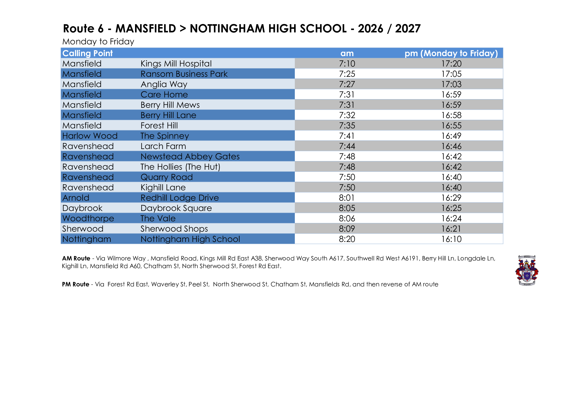 Sharpes of Nottingham timetable for Nottingham High School Route 6