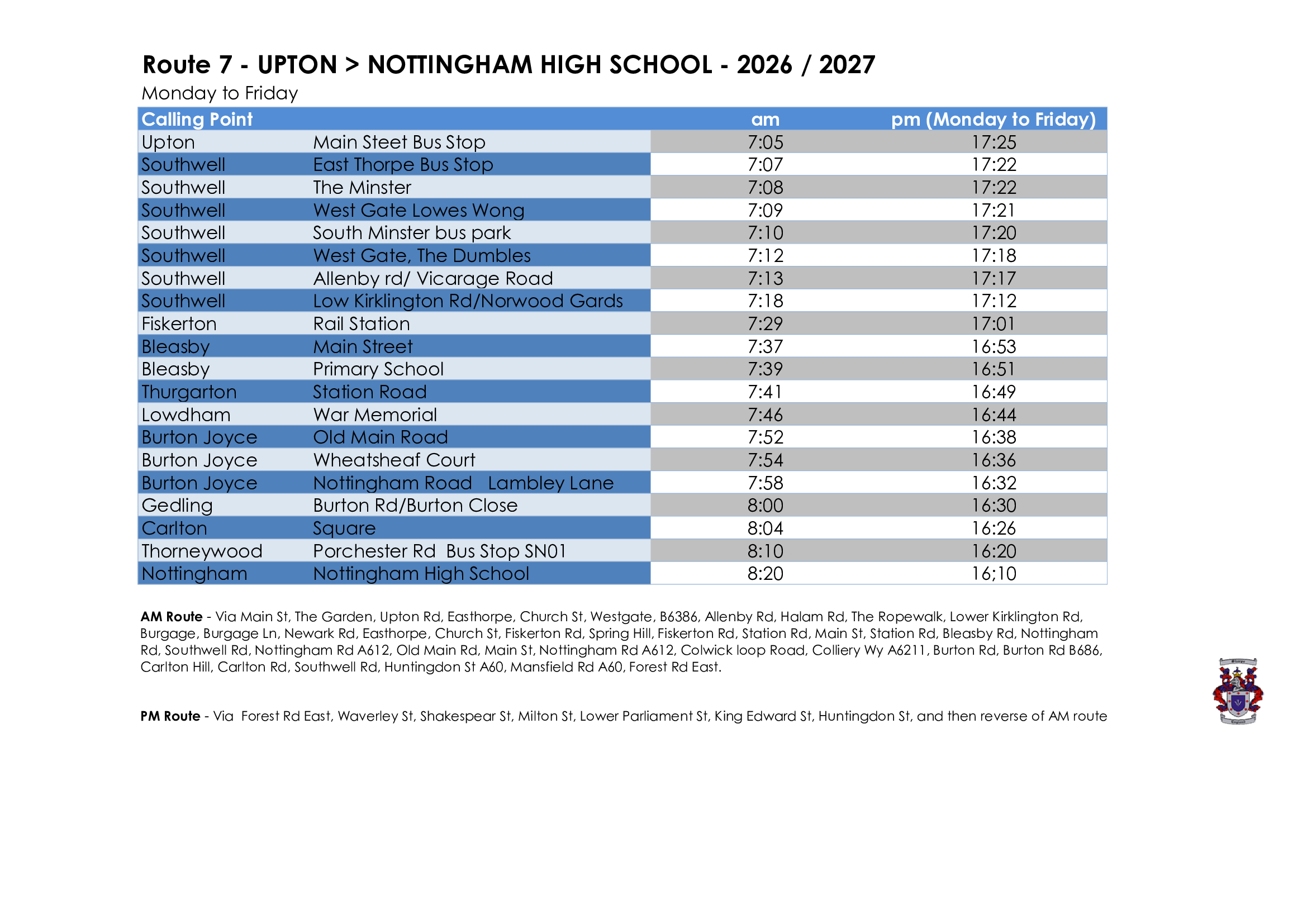 Sharpes of Nottingham timetable for Nottingham High School Route 7