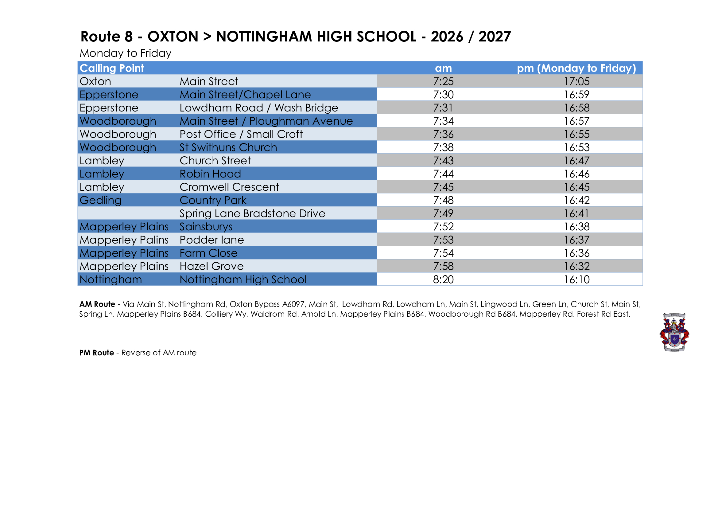 Sharpes of Nottingham timetable for Nottingham High School Route 8